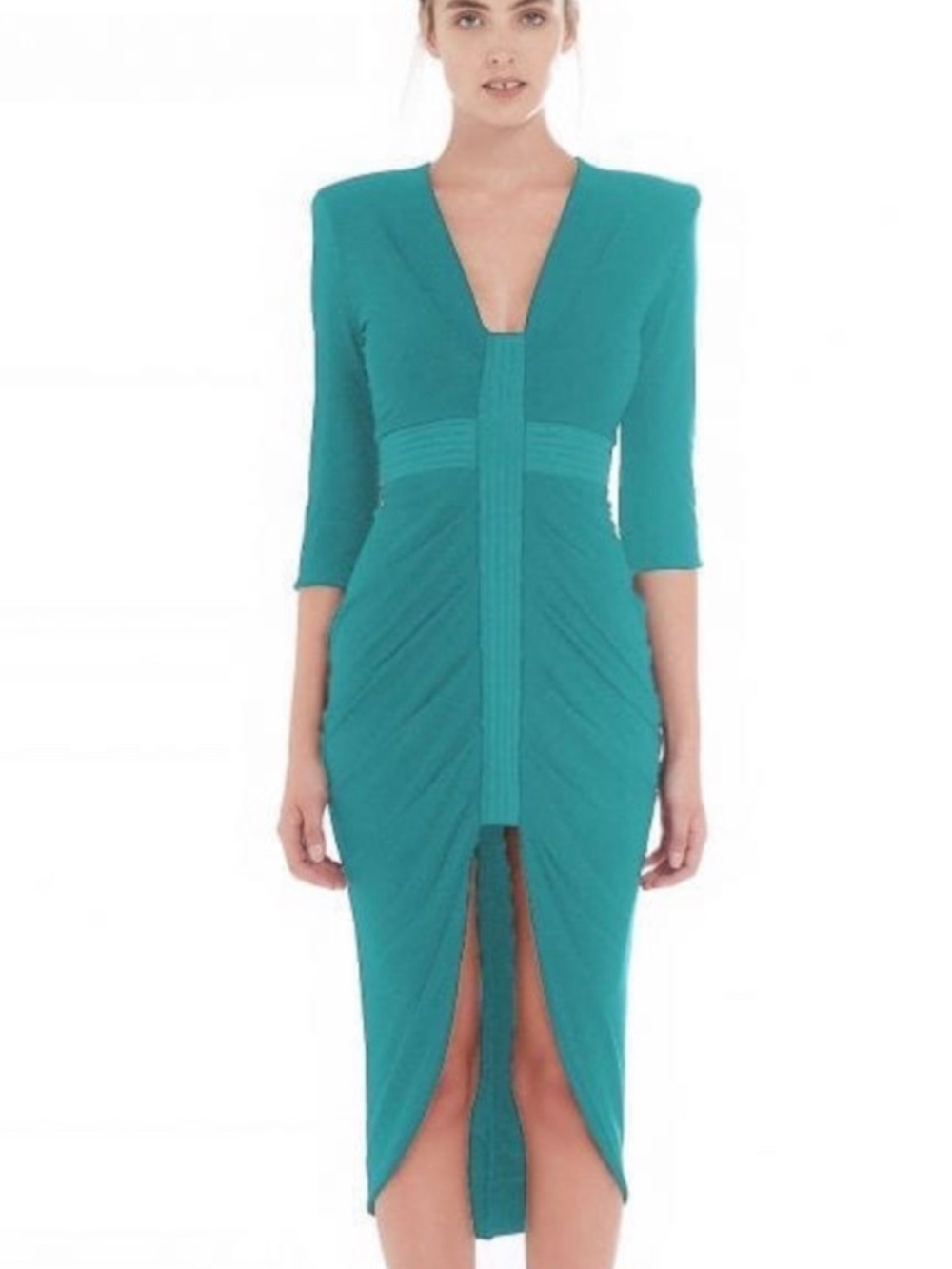 Zhivago Teal V-Neck Ruched Midi Dress with Front Slit